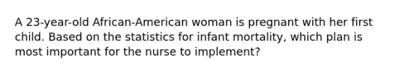 A 23-year-old African-American woman is pregnant with her first child. Based on the statistics for infant mortality, which plan is most important for the nurse to implement?