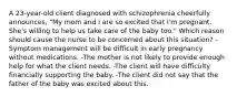 A 23-year-old client diagnosed with schizophrenia cheerfully announces, "My mom and I are so excited that I'm pregnant. She's willing to help us take care of the baby too." Which reason should cause the nurse to be concerned about this situation? -Symptom management will be difficult in early pregnancy without medications. -The mother is not likely to provide enough help for what the client needs. -The client will have difficulty financially supporting the baby. -The client did not say that the father of the baby was excited about this.