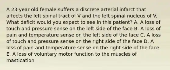 A 23-year-old female suffers a discrete arterial infarct that affects the left spinal tract of V and the left spinal nucleus of V. What deficit would you expect to see in this patient? A. A loss of touch and pressure sense on the left side of the face B. A loss of pain and temperature sense on the left side of the face C. A loss of touch and pressure sense on the right side of the face D. A loss of pain and temperature sense on the right side of the face E. A loss of voluntary motor function to the muscles of mastication