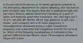 A 23-year-old G1P0 woman at 30 weeks gestation presents to the emergency department for vaginal bleeding. She has had no prior prenatal care. She reports that she is soaking through one pad every 8 hours, denies abdominal cramping or a gush of water and endorses good fetal movement. Her vital signs are T 37.2°C, HR 100, BP 105/70, RR 18. Her abdomen is soft, non-tender, and consistent with a 30 week pregnancy. A transabdominal ultrasound shows a viable intrauterine pregnancy and a placenta that completely overlies the cervical os. Which of the following investigations is indicated in this patient? ANitrazine test BPelvic exam CTransvaginal ultrasound DType and screen