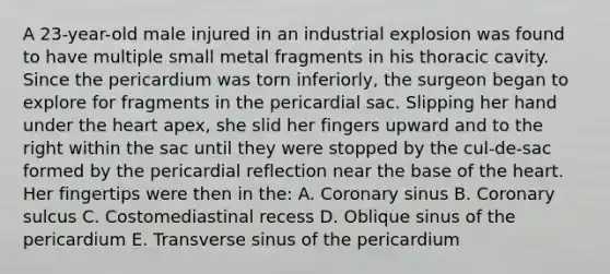 A 23-year-old male injured in an industrial explosion was found to have multiple small metal fragments in his thoracic cavity. Since the pericardium was torn inferiorly, the surgeon began to explore for fragments in the pericardial sac. Slipping her hand under the heart apex, she slid her fingers upward and to the right within the sac until they were stopped by the cul-de-sac formed by the pericardial reflection near the base of the heart. Her fingertips were then in the: A. Coronary sinus B. Coronary sulcus C. Costomediastinal recess D. Oblique sinus of the pericardium E. Transverse sinus of the pericardium