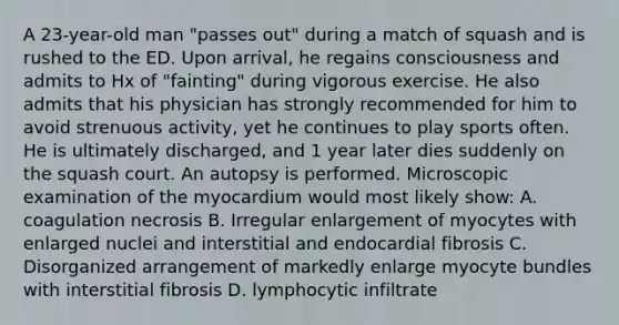 A 23-year-old man "passes out" during a match of squash and is rushed to the ED. Upon arrival, he regains consciousness and admits to Hx of "fainting" during vigorous exercise. He also admits that his physician has strongly recommended for him to avoid strenuous activity, yet he continues to play sports often. He is ultimately discharged, and 1 year later dies suddenly on the squash court. An autopsy is performed. Microscopic examination of the myocardium would most likely show: A. coagulation necrosis B. Irregular enlargement of myocytes with enlarged nuclei and interstitial and endocardial fibrosis C. Disorganized arrangement of markedly enlarge myocyte bundles with interstitial fibrosis D. lymphocytic infiltrate