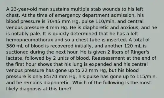 A 23-year-old man sustains multiple stab wounds to his left chest. At the time of emergency department admission, his blood pressure is 70/45 mm Hg, pulse 110/min, and central venous pressure 4 mm Hg. He is diaphoretic and anxious, and he is notably pale. It is quickly determined that he has a left hemopneumothorax and so a chest tube is inserted. A total of 380 mL of blood is recovered initially, and another 120 mL is suctioned during the next hour. He is given 2 liters of Ringer's lactate, followed by 2 units of blood. Reassessment at the end of the first hour shows that his lung is expanded and his central venous pressure has gone up to 22 mm Hg, but his blood pressure is only 85/70 mm Hg, his pulse has gone up to 115/min, and he remains diaphoretic. Which of the following is the most likely diagnosis at this time?