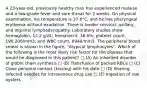 A 23-year-old, previously healthy man has experienced malaise and a low-grade fever and sore throat for 2 weeks. On physical examination, his temperature is 37.6°C, and he has pharyngeal erythema without exudation. There is tender cervical, axillary, and inguinal lymphadenopathy. Laboratory studies show hemoglobin, 12.2 g/dL; hematocrit, 36.6%; platelet count, 190,200/mm3; and WBC count, 8940/mm3. The peripheral blood smear is shown in the figure, "Atypical lymphocytes". Which of the following is the most likely risk factor for the disease that would be diagnosed in this patient? □ (A) An inherited disorder of globin chain synthesis □ (B) Transfusion of packed RBCs □ (C) Close personal contact (kissing) with his date □ (D) Sharing infected needles for intravenous drug use □ (E) Ingestion of raw oysters