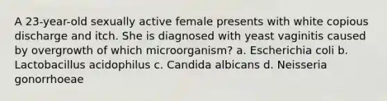 A 23-year-old sexually active female presents with white copious discharge and itch. She is diagnosed with yeast vaginitis caused by overgrowth of which microorganism? a. Escherichia coli b. Lactobacillus acidophilus c. Candida albicans d. Neisseria gonorrhoeae