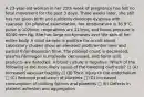 A 23-year-old woman in her 25th week of pregnancy has felt no fetal movement for the past 3 days. Three weeks later, she still has not given birth and suddenly develops dyspnea with cyanosis. On physical examination, her temperature is 36.9°C, pulse is 102/min, respirations are 21/min, and blood pressure is 80/40 mm Hg. She has large ecchymoses over the skin of her entire body. A stool sample is positive for occult blood. Laboratory studies show an elevated prothrombin time and partial thromboplastin time. The platelet count is decreased, plasma fibrinogen is markedly decreased, and fibrin split products are detected. A blood culture is negative. Which of the following is the most likely cause of the bleeding diathesis? □ (A) Increased vascular fragility □ (B) Toxic injury to the endothelium □ (C) Reduced production of platelets □ (D) Increased consumption of clotting factors and platelets □ (E) Defects in platelet adhesion and aggregation