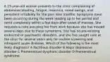 A 23-year-old woman presents to the clinic complaining of abdominal bloating, fatigue, insomnia, mood swings, and persistent irritability for the past nine months. Symptoms have been occurring during the week leading up to her period and remit completely within a few days after onset of menses. She requests a note excusing her from work because she has missed several days due to these symptoms. She has no pre-existing endocrine or psychiatric disorders, and she has sought care at the clinic for several years only for routine screening and infrequent acute illnesses. Which of the following is the most likely diagnosis? A Factitious disorder B Major depressive disorder C Premenstrual dysphoric disorder D Premenstrual syndrome