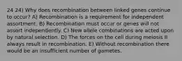 24 24) Why does recombination between linked genes continue to occur? A) Recombination is a requirement for independent assortment. B) Recombination must occur or genes will not assort independently. C) New allele combinations are acted upon by natural selection. D) The forces on the cell during meiosis II always result in recombination. E) Without recombination there would be an insufficient number of gametes.