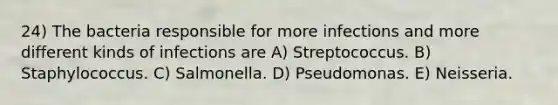 24) The bacteria responsible for more infections and more different kinds of infections are A) Streptococcus. B) Staphylococcus. C) Salmonella. D) Pseudomonas. E) Neisseria.