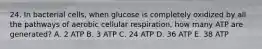 24. In bacterial cells, when glucose is completely oxidized by all the pathways of aerobic cellular respiration, how many ATP are generated? A. 2 ATP B. 3 ATP C. 24 ATP D. 36 ATP E. 38 ATP