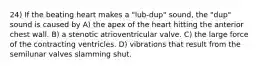 24) If the beating heart makes a "lub-dup" sound, the "dup" sound is caused by A) the apex of the heart hitting the anterior chest wall. B) a stenotic atrioventricular valve. C) the large force of the contracting ventricles. D) vibrations that result from the semilunar valves slamming shut.