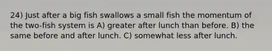 24) Just after a big fish swallows a small fish the momentum of the two-fish system is A) greater after lunch than before. B) the same before and after lunch. C) somewhat less after lunch.