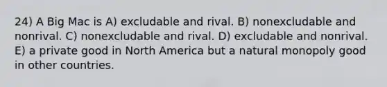 24) A Big Mac is A) excludable and rival. B) nonexcludable and nonrival. C) nonexcludable and rival. D) excludable and nonrival. E) a private good in North America but a natural monopoly good in other countries.