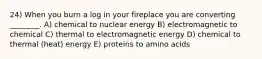 24) When you burn a log in your fireplace you are converting ________. A) chemical to nuclear energy B) electromagnetic to chemical C) thermal to electromagnetic energy D) chemical to thermal (heat) energy E) proteins to amino acids