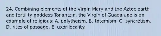 24. Combining elements of the Virgin Mary and the Aztec earth and fertility goddess Tonantzin, the Virgin of Guadalupe is an example of religious: A. polytheism. B. totemism. C. syncretism. D. rites of passage. E. uxorilocality.