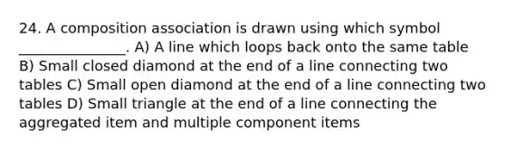 24. A composition association is drawn using which symbol _______________. A) A line which loops back onto the same table B) Small closed diamond at the end of a line connecting two tables C) Small open diamond at the end of a line connecting two tables D) Small triangle at the end of a line connecting the aggregated item and multiple component items