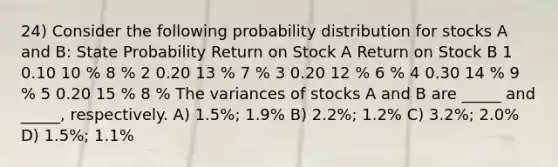 24) Consider the following probability distribution for stocks A and B: State Probability Return on Stock A Return on Stock B 1 0.10 10 % 8 % 2 0.20 13 % 7 % 3 0.20 12 % 6 % 4 0.30 14 % 9 % 5 0.20 15 % 8 % The variances of stocks A and B are _____ and _____, respectively. A) 1.5%; 1.9% B) 2.2%; 1.2% C) 3.2%; 2.0% D) 1.5%; 1.1%