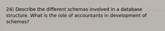 24) Describe the different schemas involved in a database structure. What is the role of accountants in development of schemas?