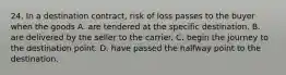 24. In a destination contract, risk of loss passes to the buyer when the goods A. are tendered at the specific destination. B. are delivered by the seller to the carrier. C. begin the journey to the destination point. D. have passed the halfway point to the destination.