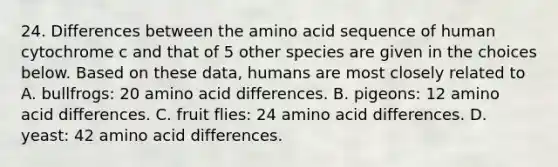 24. Differences between the amino acid sequence of human cytochrome c and that of 5 other species are given in the choices below. Based on these data, humans are most closely related to A. bullfrogs: 20 amino acid differences. B. pigeons: 12 amino acid differences. C. fruit flies: 24 amino acid differences. D. yeast: 42 amino acid differences.