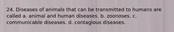 24. Diseases of animals that can be transmitted to humans are called a. animal and human diseases. b. zoonoses. c. communicable diseases. d. contagious diseases.