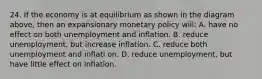 24. If the economy is at equilibrium as shown in the diagram above, then an expansionary monetary policy will: A. have no effect on both unemployment and inflation. B. reduce unemployment, but increase inflation. C. reduce both unemployment and inflati on. D. reduce unemployment, but have little effect on inflation.