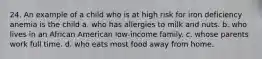 24. An example of a child who is at high risk for iron deficiency anemia is the child a. who has allergies to milk and nuts. b. who lives in an African American low-income family. c. whose parents work full time. d. who eats most food away from home.