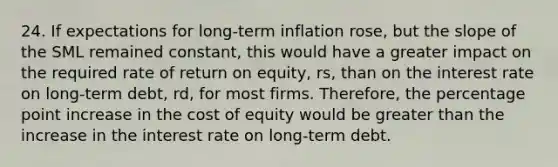 24. If expectations for long-term inflation rose, but the slope of the SML remained constant, this would have a greater impact on the required rate of return on equity, rs, than on the interest rate on long-term debt, rd, for most firms. Therefore, the percentage point increase in the cost of equity would be greater than the increase in the interest rate on long-term debt.