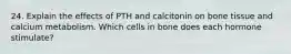 24. Explain the effects of PTH and calcitonin on bone tissue and calcium metabolism. Which cells in bone does each hormone stimulate?