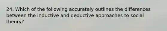 24. Which of the following accurately outlines the differences between the inductive and deductive approaches to social theory?