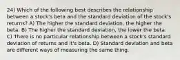 24) Which of the following best describes the relationship between a stock's beta and the standard deviation of the stock's returns? A) The higher the standard deviation, the higher the beta. B) The higher the standard deviation, the lower the beta. C) There is no particular relationship between a stock's standard deviation of returns and it's beta. D) Standard deviation and beta are different ways of measuring the same thing.