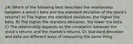 24) Which of the following best describes the relationship between a stock's beta and the standard deviation of the stock's returns? A) The higher the standard deviation, the higher the beta. B) The higher the standard deviation, the lower the beta. C) The relationship depends on the correlation between the stock's returns and the market's returns. D) Standard deviation and beta are different ways of measuring the same thing.