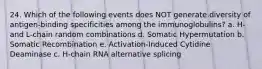 24. Which of the following events does NOT generate diversity of antigen-binding specificities among the immunoglobulins? a. H- and L-chain random combinations d. Somatic Hypermutation b. Somatic Recombination e. Activation-Induced Cytidine Deaminase c. H-chain RNA alternative splicing