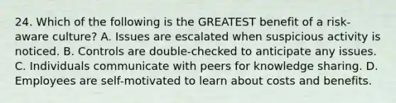 24. Which of the following is the GREATEST benefit of a risk-aware culture? A. Issues are escalated when suspicious activity is noticed. B. Controls are double-checked to anticipate any issues. C. Individuals communicate with peers for knowledge sharing. D. Employees are self-motivated to learn about costs and benefits.