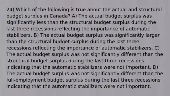 24) Which of the following is true about the actual and structural budget surplus in Canada? A) The actual budget surplus was significantly <a href='https://www.questionai.com/knowledge/k7BtlYpAMX-less-than' class='anchor-knowledge'>less than</a> the structural budget surplus during the last three recessions reflecting the importance of automatic stabilizers. B) The actual budget surplus was significantly larger than the structural budget surplus during the last three recessions reflecting the importance of automatic stabilizers. C) The actual budget surplus was not significantly different than the structural budget surplus during the last three recessions indicating that the automatic stabilizers were not important. D) The actual budget surplus was not significantly different than the full-employment budget surplus during the last three recessions indicating that the automatic stabilizers were not important.