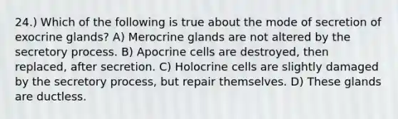 24.) Which of the following is true about the mode of secretion of exocrine glands? A) Merocrine glands are not altered by the secretory process. B) Apocrine cells are destroyed, then replaced, after secretion. C) Holocrine cells are slightly damaged by the secretory process, but repair themselves. D) These glands are ductless.