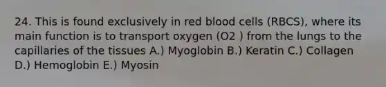 24. This is found exclusively in red blood cells (RBCS), where its main function is to transport oxygen (O2 ) from the lungs to the capillaries of the tissues A.) Myoglobin B.) Keratin C.) Collagen D.) Hemoglobin E.) Myosin