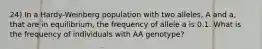 24) In a Hardy-Weinberg population with two alleles, A and a, that are in equilibrium, the frequency of allele a is 0.1. What is the frequency of individuals with AA genotype?