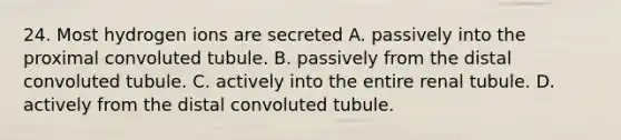 24. Most hydrogen ions are secreted A. passively into the proximal convoluted tubule. B. passively from the distal convoluted tubule. C. actively into the entire renal tubule. D. actively from the distal convoluted tubule.