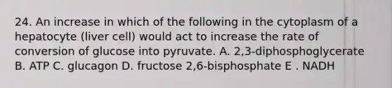 24. An increase in which of the following in the cytoplasm of a hepatocyte (liver cell) would act to increase the rate of conversion of glucose into pyruvate. A. 2,3-diphosphoglycerate B. ATP C. glucagon D. fructose 2,6-bisphosphate E . NADH