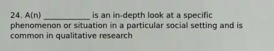 24. A(n) ____________ is an in-depth look at a specific phenomenon or situation in a particular social setting and is common in qualitative research