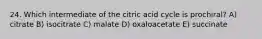 24. Which intermediate of the citric acid cycle is prochiral? A) citrate B) isocitrate C) malate D) oxaloacetate E) succinate