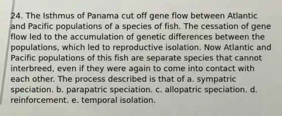 24. The Isthmus of Panama cut off gene flow between Atlantic and Pacific populations of a species of fish. The cessation of gene flow led to the accumulation of genetic differences between the populations, which led to reproductive isolation. Now Atlantic and Pacific populations of this fish are separate species that cannot interbreed, even if they were again to come into contact with each other. The process described is that of a. sympatric speciation. b. parapatric speciation. c. allopatric speciation. d. reinforcement. e. temporal isolation.