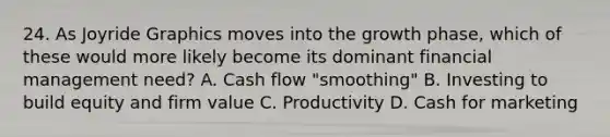 24. As Joyride Graphics moves into the growth phase, which of these would more likely become its dominant financial management need? A. Cash flow "smoothing" B. Investing to build equity and firm value C. Productivity D. Cash for marketing