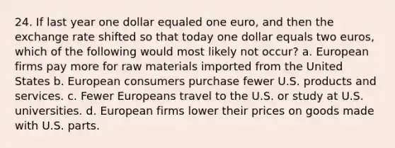 24. If last year one dollar equaled one euro, and then the exchange rate shifted so that today one dollar equals two euros, which of the following would most likely not occur? a. European firms pay more for raw materials imported from the United States b. European consumers purchase fewer U.S. products and services. c. Fewer Europeans travel to the U.S. or study at U.S. universities. d. European firms lower their prices on goods made with U.S. parts.