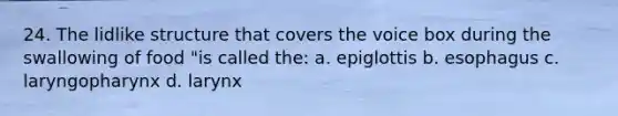 24. The lidlike structure that covers the voice box during the swallowing of food "is called the: a. epiglottis b. esophagus c. laryngopharynx d. larynx