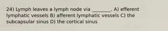 24) Lymph leaves a lymph node via ________. A) efferent lymphatic vessels B) afferent lymphatic vessels C) the subcapsular sinus D) the cortical sinus