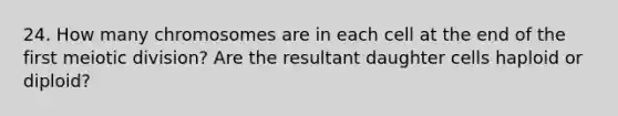 24. How many chromosomes are in each cell at the end of the first meiotic division? Are the resultant daughter cells haploid or diploid?