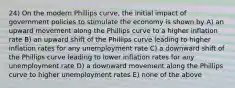 24) On the modern Phillips curve, the initial impact of government policies to stimulate the economy is shown by A) an upward movement along the Phillips curve to a higher inflation rate B) an upward shift of the Phillips curve leading to higher inflation rates for any unemployment rate C) a downward shift of the Phillips curve leading to lower inflation rates for any unemployment rate D) a downward movement along the Phillips curve to higher unemployment rates E) none of the above