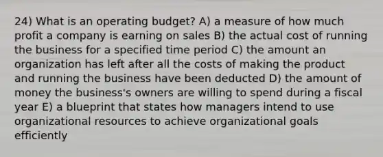 24) What is an operating budget? A) a measure of how much profit a company is earning on sales B) the actual cost of running the business for a specified time period C) the amount an organization has left after all the costs of making the product and running the business have been deducted D) the amount of money the business's owners are willing to spend during a fiscal year E) a blueprint that states how managers intend to use organizational resources to achieve organizational goals efficiently